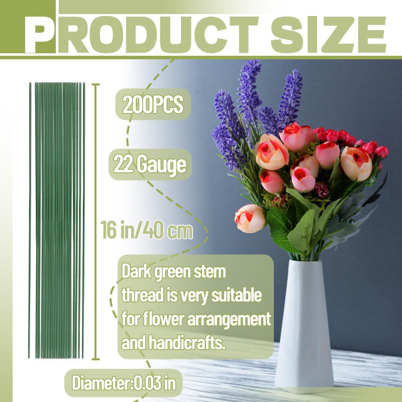 OJYUDD 200 PCS 22 Gauge Floral Stem Wire Flower Arrangements and DIY Crafts,Dark Green,Floral Wire for Florist Flower Arrangement 16 Inches,Diameter:0.03 inch - Image 2